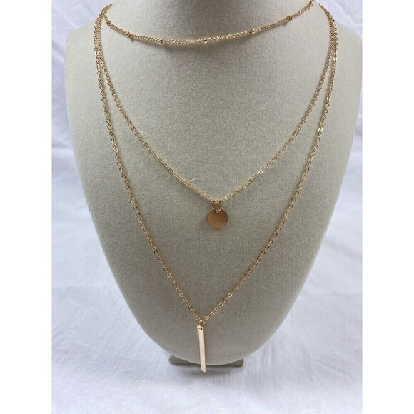 Gold Tone Layered Necklace Circle Bar Pendant Classic Boho Festival - Picture 13 of 13
